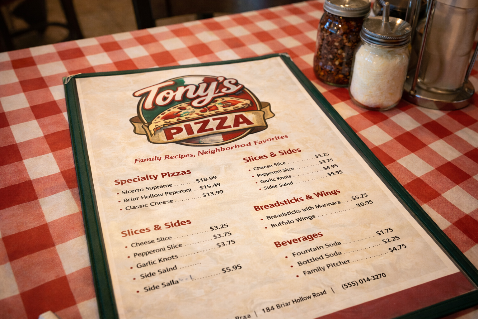 Scanned Tony's Pizza menu board